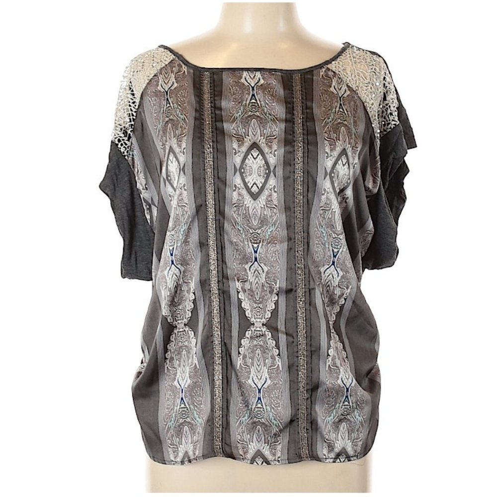 Tiny Grey Silver Printed Lace Short Sleeve Top Size L